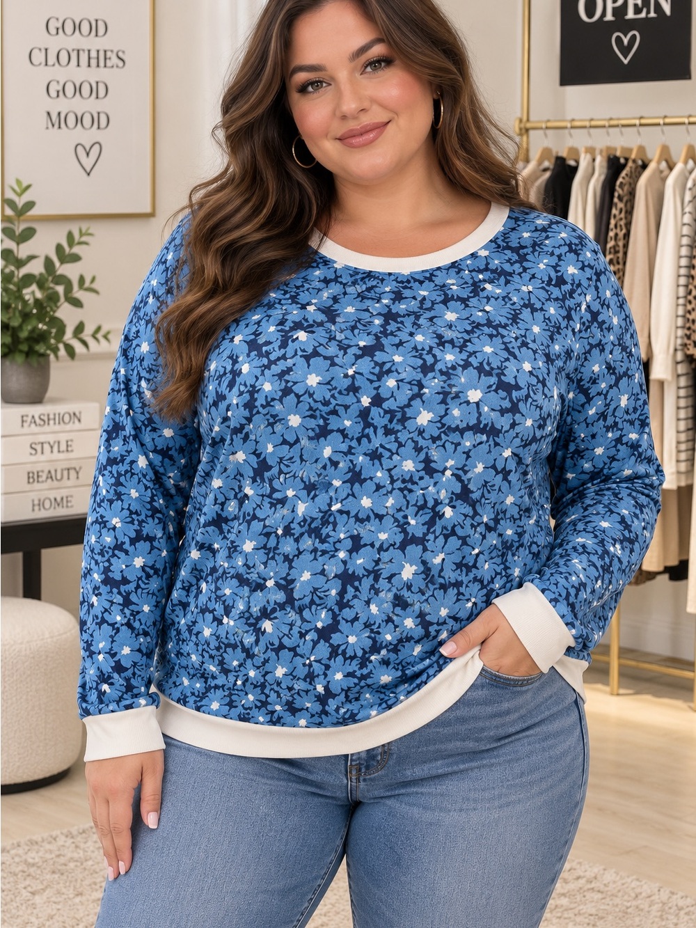 Plus Size Blue Floral Long Sleeve Pullover with White Trim
